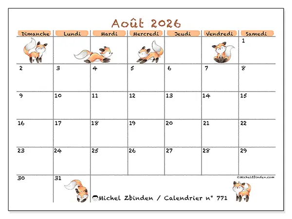 Calendrier août 2026 à imprimer - Dessins de renards - Semaine : dimanche à samedi