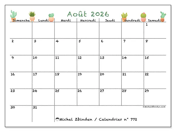 Calendrier août 2026 à imprimer - Cactus décoratifs - Semaine : dimanche à samedi