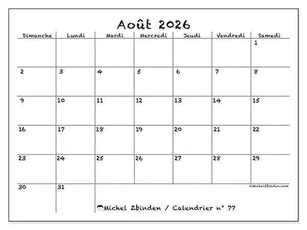 Calendrier août 2026 à imprimer - École et famille - Semaine : dimanche à samedi
