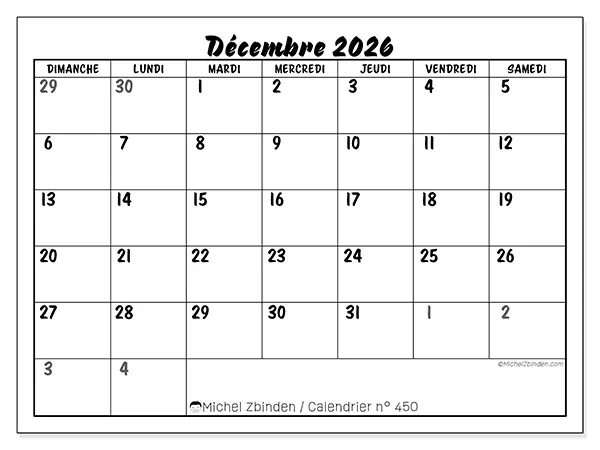 Calendrier décembre 2026 à imprimer - Organisation détaillée - Semaine : dimanche à samedi