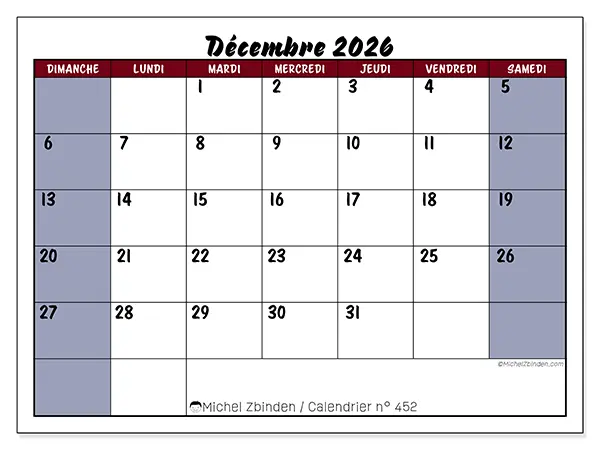 Calendrier décembre 2026 à imprimer - Productivité en couleur - Semaine : dimanche à samedi
