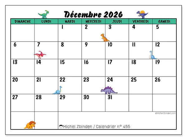 Calendrier décembre 2026 à imprimer - Petits dinosaures - Semaine : dimanche à samedi