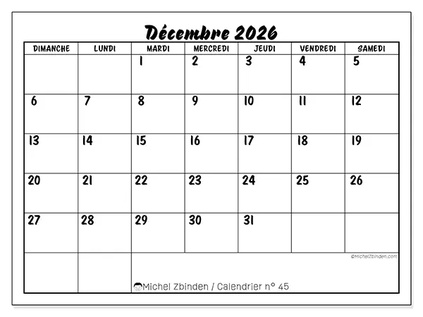 Calendrier décembre 2026 à imprimer - Réussite scolaire - Semaine : dimanche à samedi