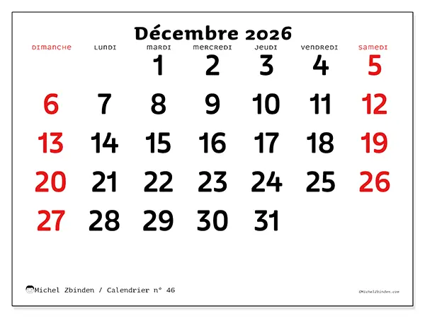 Calendrier décembre 2026 à imprimer - Vision claire - Semaine : dimanche à samedi
