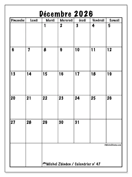 Calendrier décembre 2026 à imprimer - Planning efficace - Semaine : dimanche à samedi