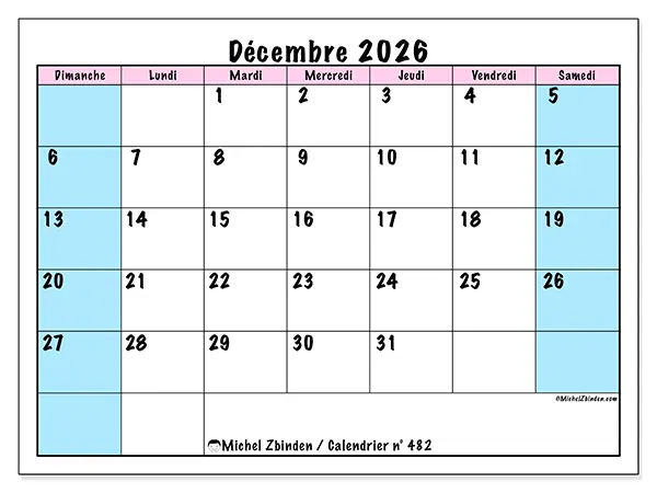 Calendrier décembre 2026 à imprimer - Horaire d’équipe - Semaine : dimanche à samedi