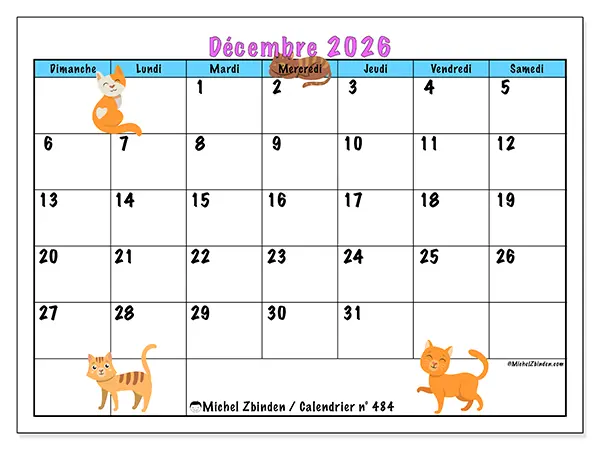 Calendrier décembre 2026 à imprimer - Amour des chats - Semaine : dimanche à samedi