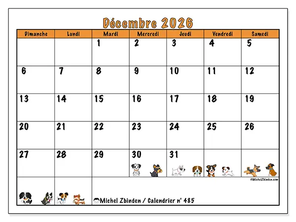 Calendrier décembre 2026 à imprimer - Chiens enthousiastes - Semaine : dimanche à samedi