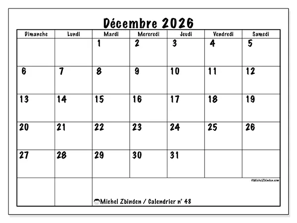 Calendrier décembre 2026 à imprimer - Efficacité quotidienne - Semaine : dimanche à samedi