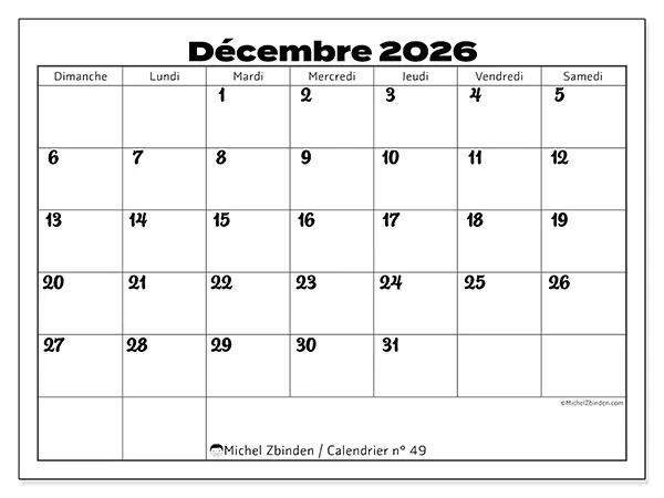 Calendrier décembre 2026 à imprimer - Coordination productive - Semaine : dimanche à samedi