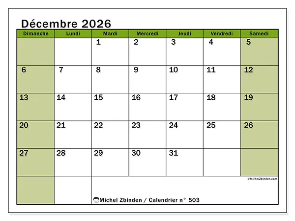 Calendrier décembre 2026 à imprimer - Organisation vivante - Semaine : dimanche à samedi