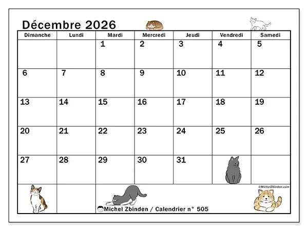 Calendrier décembre 2026 à imprimer - Vie de chat - Semaine : dimanche à samedi