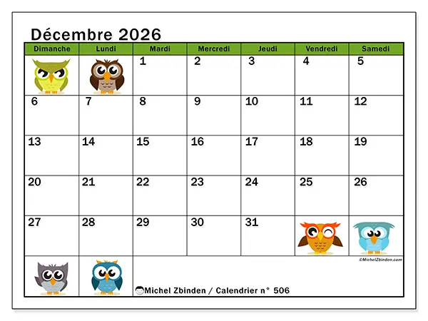 Calendrier décembre 2026 à imprimer - Hiboux amusants - Semaine : dimanche à samedi