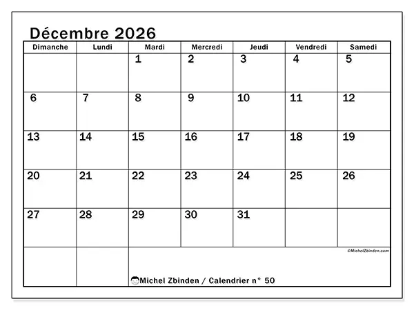 Calendrier décembre 2026 à imprimer - Planification optimale - Semaine : dimanche à samedi
