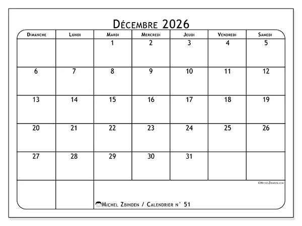 Calendrier décembre 2026 à imprimer - Programme des repas - Semaine : dimanche à samedi