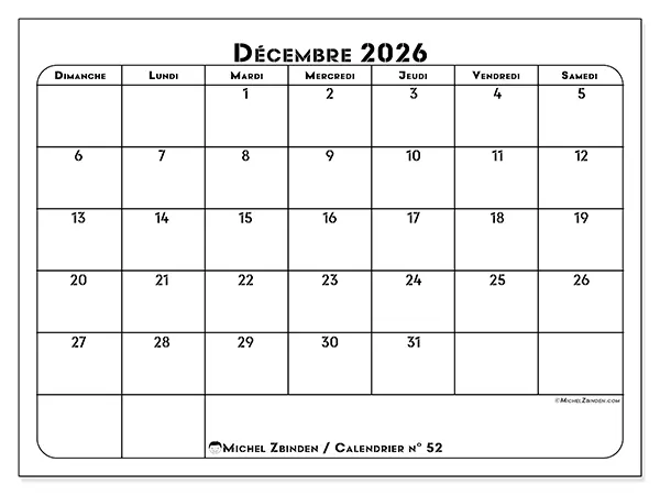 Calendrier décembre 2026 à imprimer - Organisation professionnelle - Semaine : dimanche à samedi