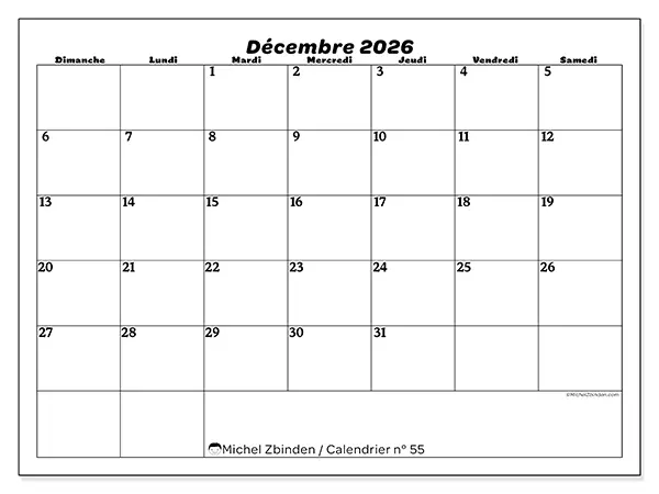 Calendrier décembre 2026 à imprimer - Organisation des loisirs - Semaine : dimanche à samedi