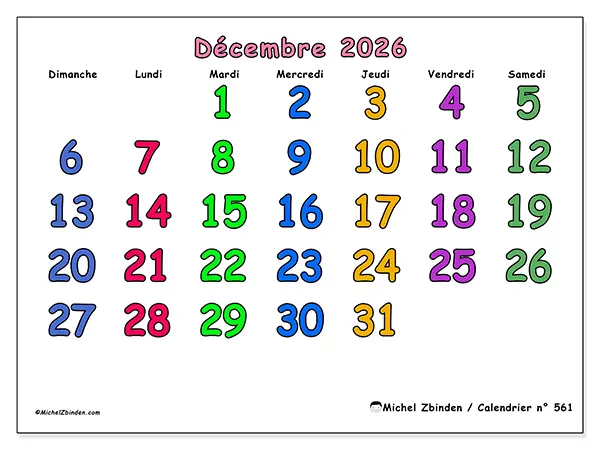 Calendrier décembre 2026 à imprimer - Moments créatifs - Semaine : dimanche à samedi