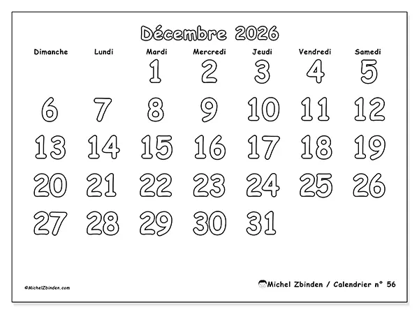 Calendrier décembre 2026 à imprimer - Coloriage utile - Semaine : dimanche à samedi