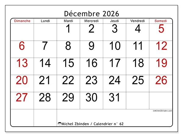 Calendrier décembre 2026 à imprimer - Lecture rapide - Semaine : dimanche à samedi