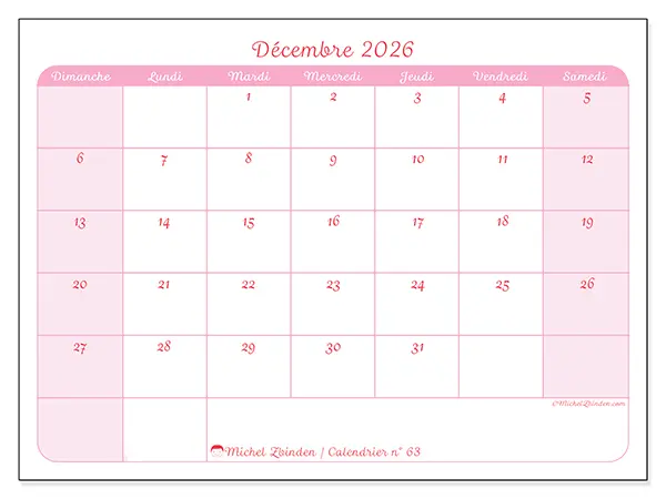 Calendrier décembre 2026 à imprimer - Organisation en douceur - Semaine : dimanche à samedi