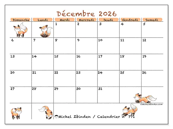 Calendrier décembre 2026 à imprimer - Dessins de renards - Semaine : dimanche à samedi