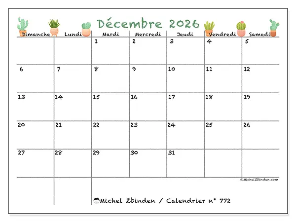 Calendrier décembre 2026 à imprimer - Cactus décoratifs - Semaine : dimanche à samedi