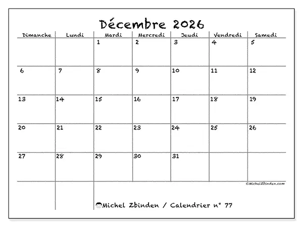 Calendrier décembre 2026 à imprimer - École et famille - Semaine : dimanche à samedi