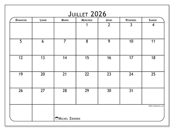 Calendrier juillet 2026 à imprimer - Passion football - Semaine : dimanche à samedi