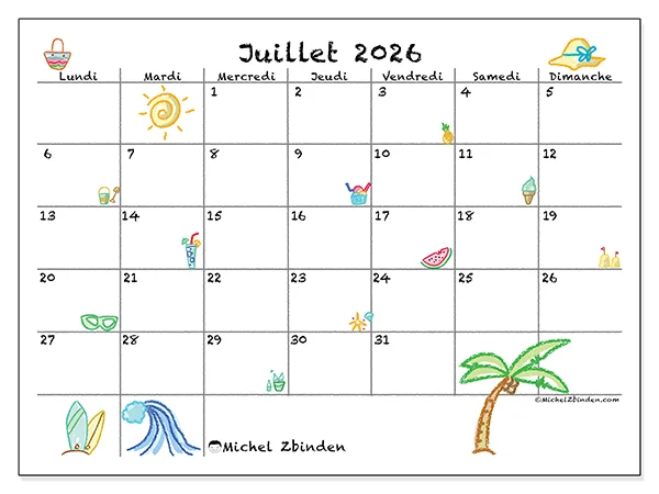 Calendrier juillet 2026 à imprimer - Vacances ensoleillées