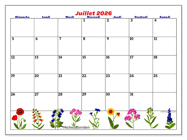 Calendrier juillet 2026 à imprimer - Fleurs de juillet - Semaine : dimanche à samedi