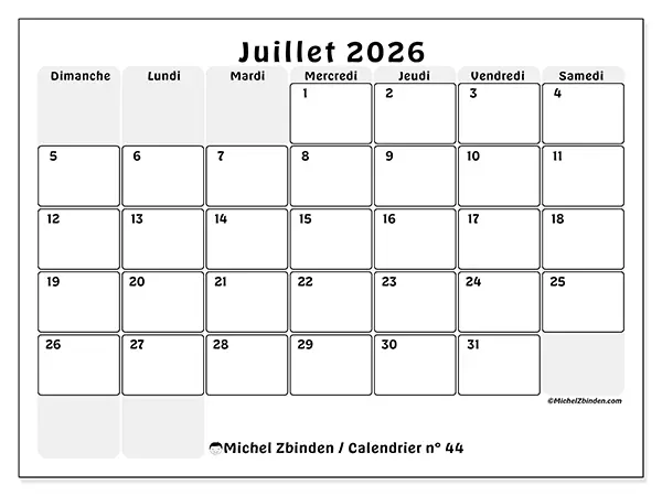Calendrier juillet 2026 à imprimer - Planning structuré - Semaine : dimanche à samedi