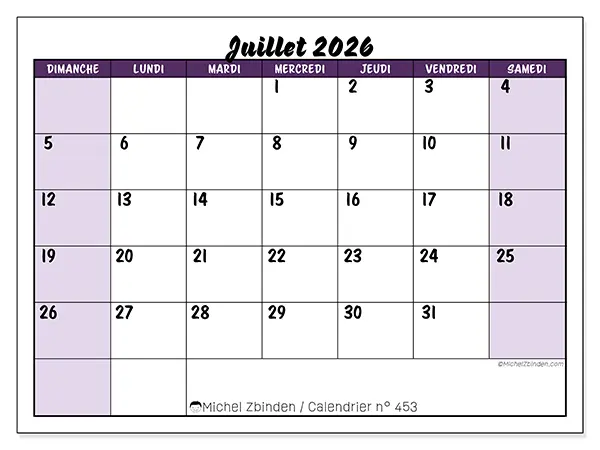 Calendrier juillet 2026 à imprimer - Efficacité colorée - Semaine : dimanche à samedi