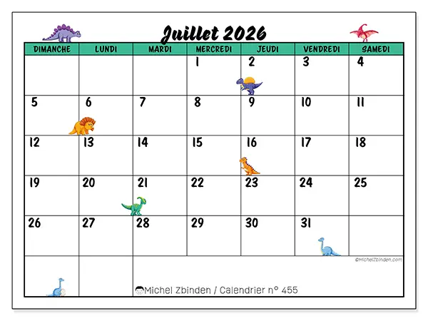 Calendrier juillet 2026 à imprimer - Petits dinosaures - Semaine : dimanche à samedi