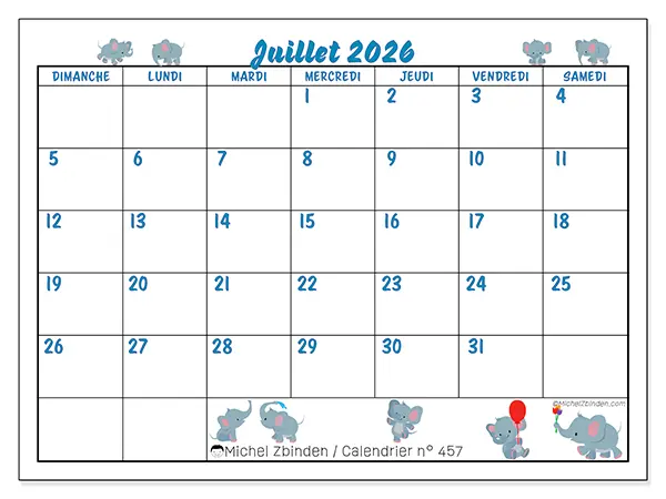 Calendrier juillet 2026 à imprimer - Petits éléphants - Semaine : dimanche à samedi