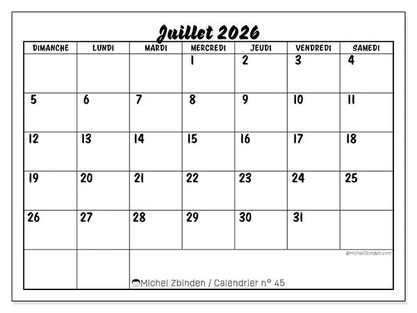 Calendrier juillet 2026 à imprimer - Réussite scolaire - Semaine : dimanche à samedi
