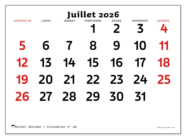 Calendrier juillet 2026 à imprimer - Vision claire - Semaine : dimanche à samedi