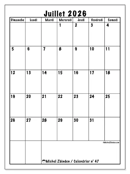 Calendrier juillet 2026 à imprimer - Planning efficace - Semaine : dimanche à samedi
