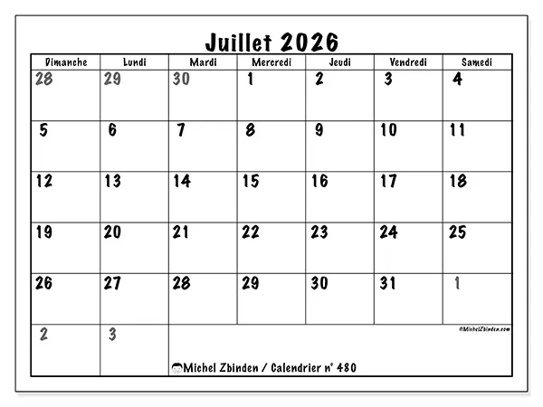 Calendrier juillet 2026 à imprimer - Planification complète - Semaine : dimanche à samedi