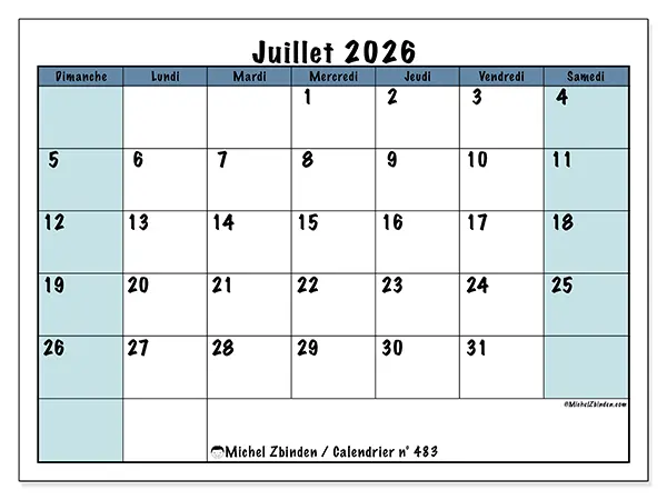 Calendrier juillet 2026 à imprimer - Structuré pour l’école - Semaine : dimanche à samedi