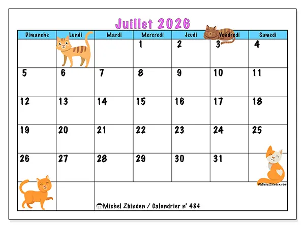 Calendrier juillet 2026 à imprimer - Amour des chats - Semaine : dimanche à samedi