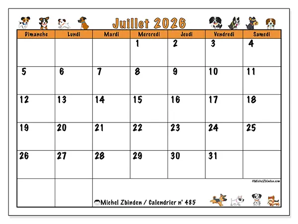 Calendrier juillet 2026 à imprimer - Chiens enthousiastes - Semaine : dimanche à samedi