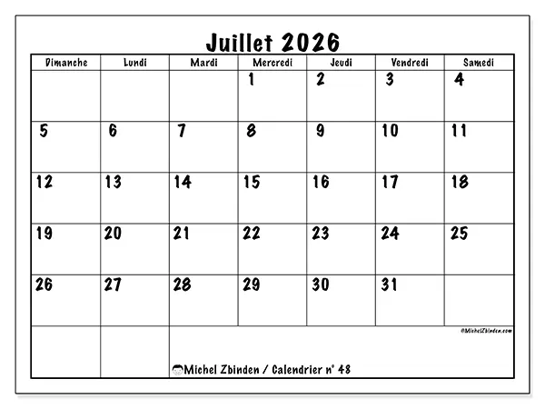 Calendrier juillet 2026 à imprimer - Efficacité quotidienne - Semaine : dimanche à samedi