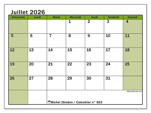 Calendrier juillet 2026 à imprimer - Organisation vivante - Semaine : dimanche à samedi