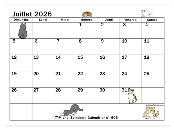 Calendrier juillet 2026 à imprimer - Vie de chat - Semaine : dimanche à samedi