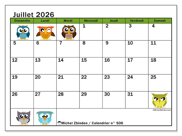 Calendrier juillet 2026 à imprimer - Hiboux amusants - Semaine : dimanche à samedi