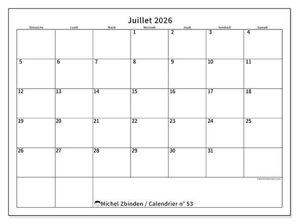 Calendrier juillet 2026 à imprimer - Horaire efficace - Semaine : dimanche à samedi