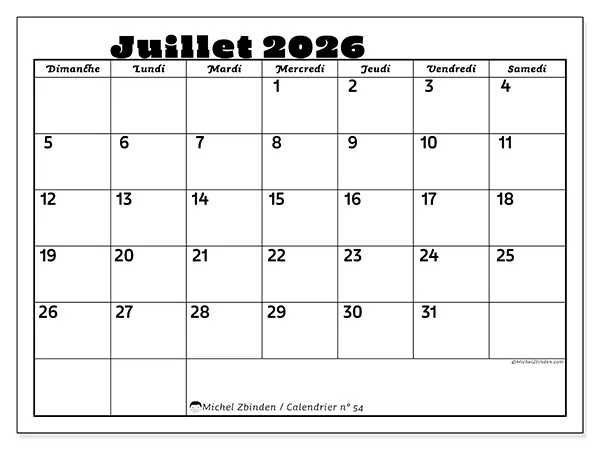 Calendrier juillet 2026 à imprimer - Activités en famille - Semaine : dimanche à samedi