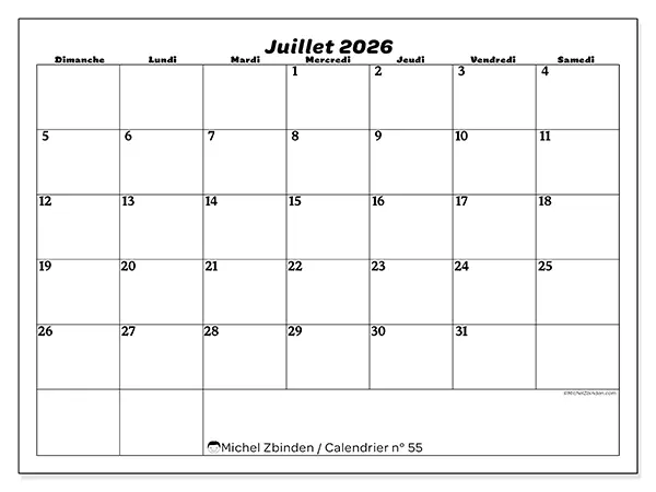 Calendrier juillet 2026 à imprimer - Organisation des loisirs - Semaine : dimanche à samedi