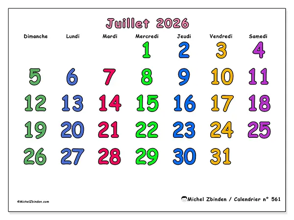 Calendrier juillet 2026 à imprimer - Moments créatifs - Semaine : dimanche à samedi